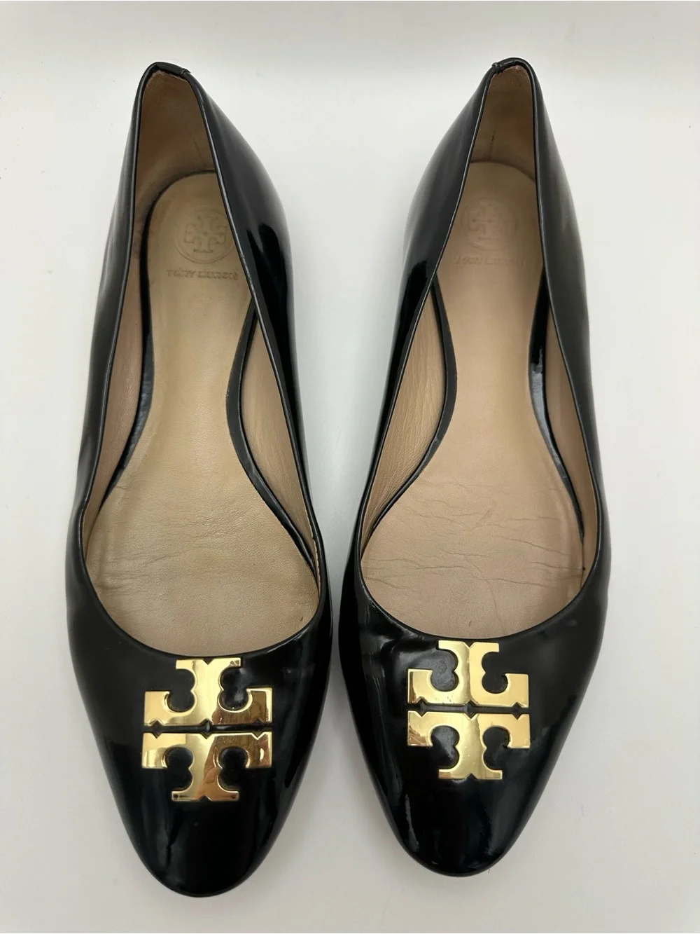 Tory Burch Black Patent Leather Logo Flats with Gold Emblem